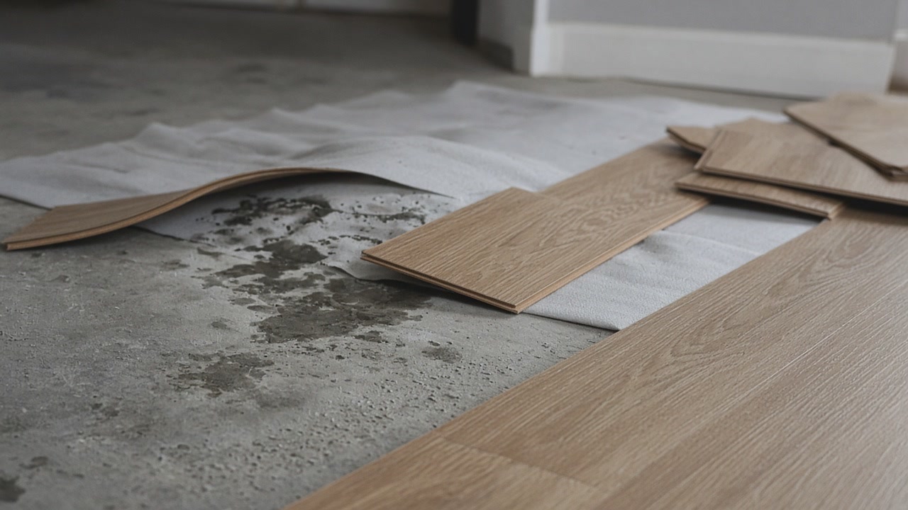 Lifted laminate over damp gray concrete with curling foam underlayment and faint spotting
